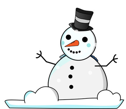 Flat design snowman is standing on transparent bg wearing hat and scarf, carrot nose, coal buttons
