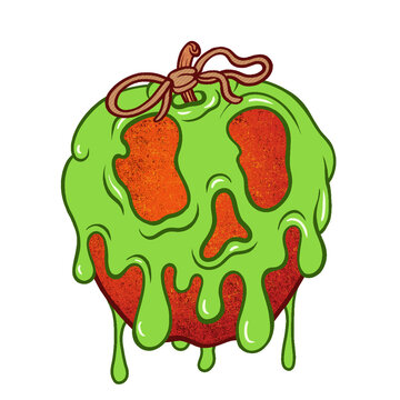 Stylized apple is dripping green slime forming skull mask with bow tied stem, transparent backdrop