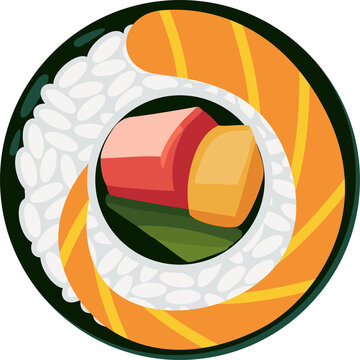 Sushi maki is being shown in flat top-down with rice, salmon, seaweed wrap, transparent background