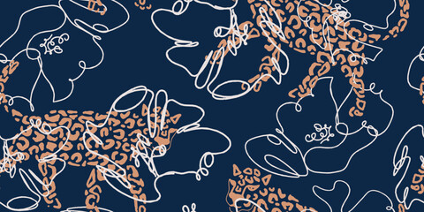 Leopard and Floral Line Art on Navy Background