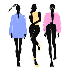 Fashion Woman Silhouette Set. Elegant Female Models in Stylish Dresses and Outfits.