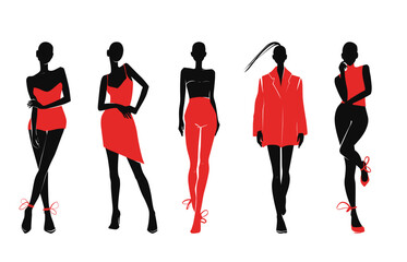 Fashion Woman Silhouette Set in Red and Black. Elegant Female Models in Stylish Dresses and Outfits.
