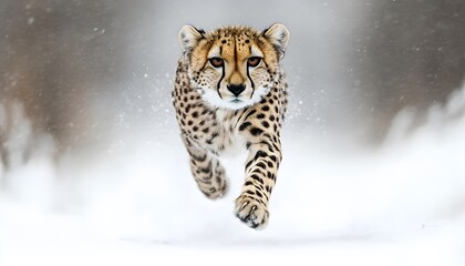 Obraz premium Cheetah running through snowy landscape.