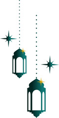 Flat green beaded lanterns with starburst ornaments are floating on clear background, copy space