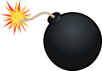 Cartoon-style bomb is glowing with lit fuse on transparent background, showing spark burst