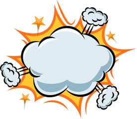 Cartoon burst is showing flat design with pale cloud, orange starburst rays, transparent background