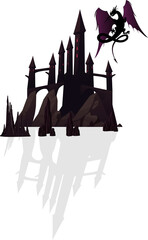 Gothic castle is floating on island with dragon silhouette hovering, flat design, clear background