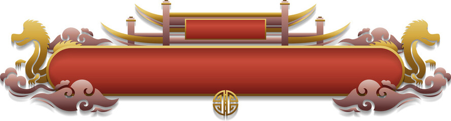 Flat design Chinese banner is floating on transparent background showing dragon heads and gold rods
