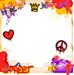 Abstract graffiti-style border is showing brick wall, wooden planks and paint splatters, copy space