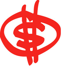 Stylized red dollar sign doodle is floating on transparent background in flat doodle design