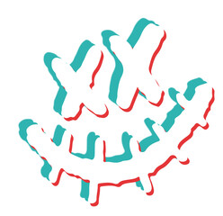 Stylized cartoon face showing stitched grin with X eyes and teal red shadow on transparent backdrop
