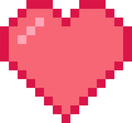 Pixel art heart icon is showing red outline, pink fill and pale shine on transparent background