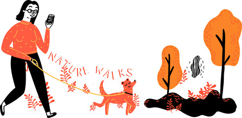 Woman is walking dog with smartphone and sketched text, trees in flat design transparent background