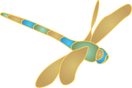 Stylized vector graphic is showing turquoise gold dragonfly with wings on transparent background