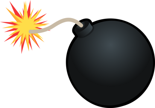 Cartoon-style bomb is glowing with lit fuse on transparent background, showing spark burst - Powered by Adobe