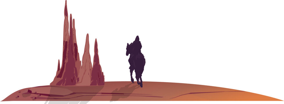 Fototapeta Flat design silhouette rider is galloping across plateau with jagged spires, transparent background
