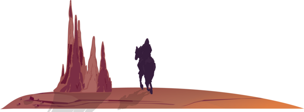 Flat design silhouette rider is galloping across plateau with jagged spires, transparent background