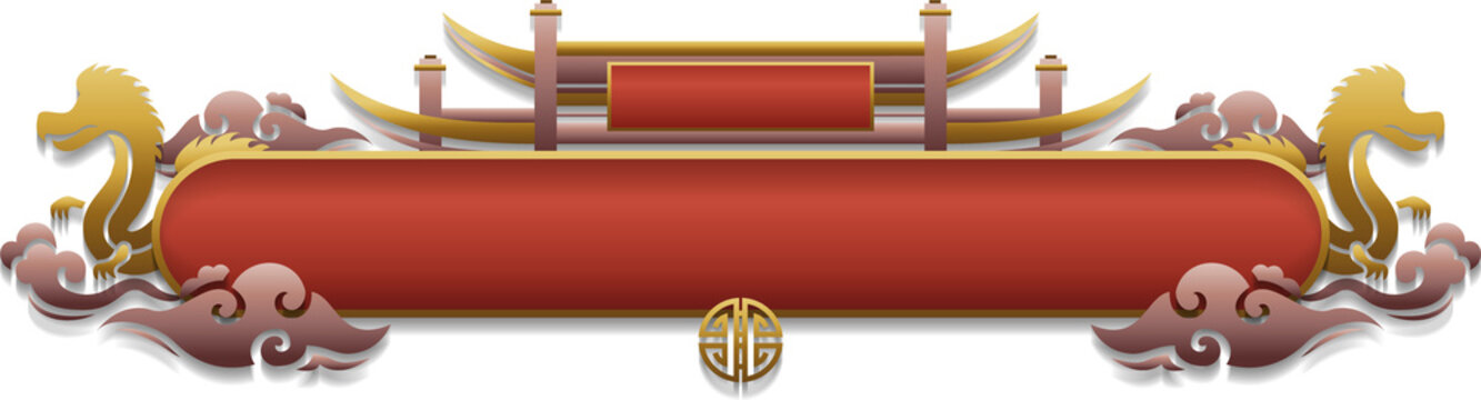 Flat design Chinese banner is floating on transparent background showing dragon heads and gold rods