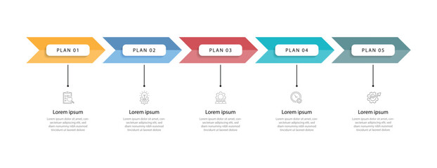 Business template infographic element. 5 step journey with lines, icons and arrow. Vector graphic design for business information, worksheet and banner presentation 