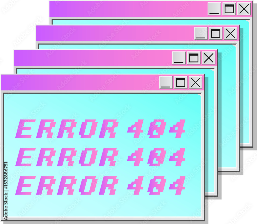 Poster error windows are floating on transparent background with flat gradient bars icons pixelated 404