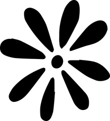 Flat design sunburst icon is radiating ten teardrop petals around core on transparent background