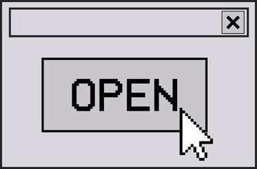 Displaying pixel-art window on transparent background: title bar close icon, OPEN button and cursor