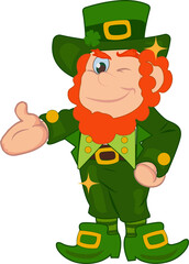 Flat style leprechaun with shamrock hat is winking and extending hand on transparent background