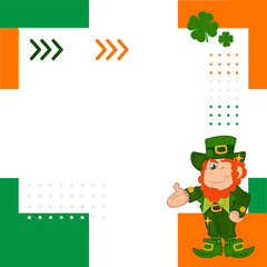 Flat design leprechaun is standing on grey panel with tricolor dots, arrows, transparent copy space
