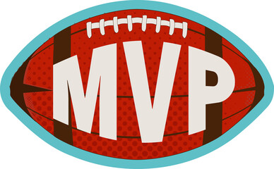 Flat design American football is floating on transparent background with teal outline and MVP text