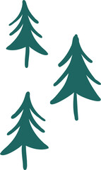 Three stylized pine tree silhouettes standing in balanced flat design on transparent background