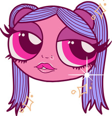 Pastel cartoon head with lilac ponytails is sparkling gold and white on transparent background