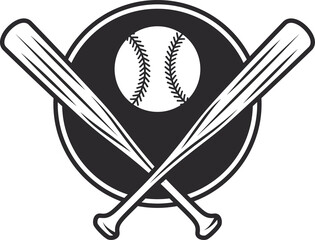 Baseball logo is showing flat design black and white circle, crossed bats, ball, clear background