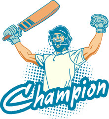 Cricket batsman is celebrating win in flat design with bat, Champion text on transparent background
