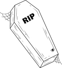wooden coffin being shown in b and w line art with cobwebs, spider on transparent background