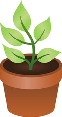 Green seedling is sprouting in terracotta pot with shaded leaves and soil on transparent background