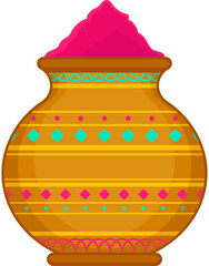 Flat design ornate clay pot showing bright pink powder in flared rim, transparent background