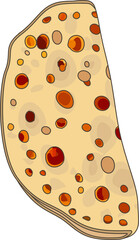 Stylized flatbread piece is rotating in flat design with brown orange dots, transparent background
