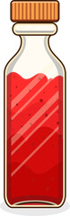 Flat cartoon bottle is featuring ribbed orange cap and speckled red liquid, transparent background