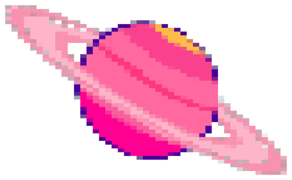 Naklejki Pixel art ringed planet is floating against transparent background with pastel pink rings