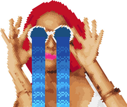 Pixel art woman adjusting white sunglasses and shedding blue pixel tears, transparent background
