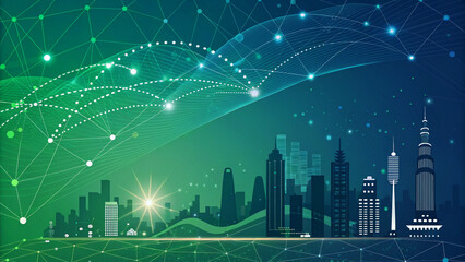 Digital technology banner green blue background concept with technology light effect, abstract tech, innovation future data, internet network, Ai big data, lines dots connection, illustration vector