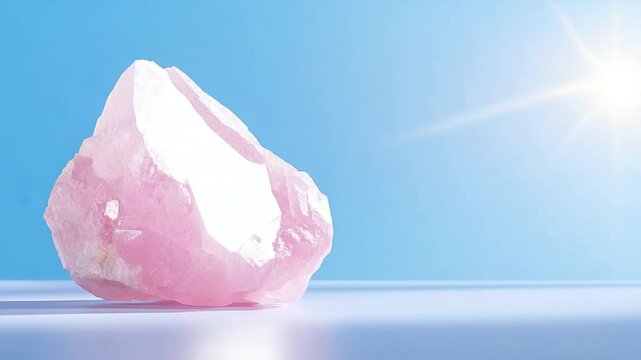 Radiant Rose Quartz: An enchanting rose quartz crystal basks in the ethereal glow of daylight against a cerulean backdrop, evoking serenity and natural beauty. 