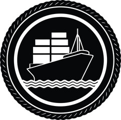 Naklejka premium Silhouette of a Cargo Ship Inside Circular Badge with Wavy Frame Vessel Crest