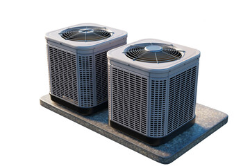Two outdoor air conditioning units on a concrete platform, used for residential or commercial HVAC systems, showing cooling and ventilation technology – Air conditioning. 3d image
