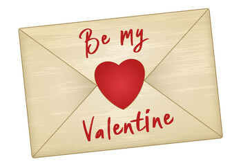 Showing envelope in flat design, red heart seal, Be my Valentine script on transparent background