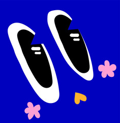 Flat-design slip-on shoes are floating on transparent background with pink flowers and yellow heart