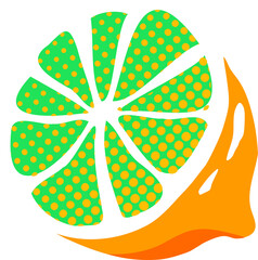 Flat citrus slice is showing ten green dotted wedges, orange flame accent, transparent background