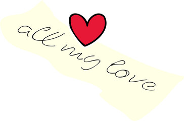Flat design showing floating torn note on transparent backdrop with cursive love text and red heart