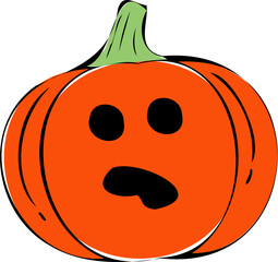 Cartoon pumpkin is showing confused face in flat design, with green stem, transparent background