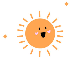 Smiling sun radiating rays among white clouds and orange diamonds on transparent background